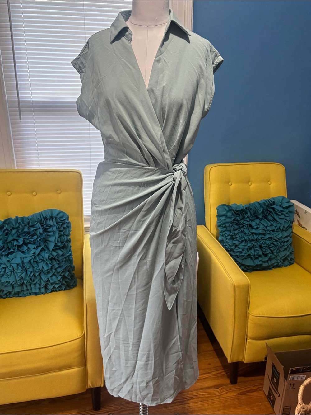 Sage Green Wrap Midi Dress - Classic Collared Tie Waist